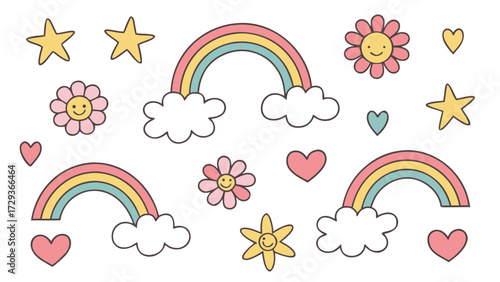Hand drawn cute doodle elements rainbows clouds hearts stars flowers cheerful kids style