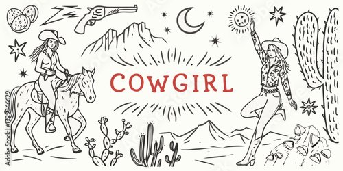Hand drawn western cowgirl illustrations with horse cactus mountains and sun moon elements
