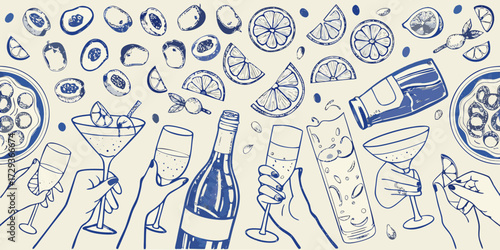 Hand drawn blue ink illustration of a celebratory feast with drinks and fruits on a light background