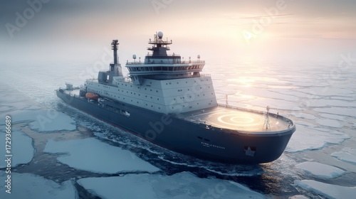Icebreaker Navigating Through Frozen Waters: An icebreaker cuts through a frozen sea, navigating the icy expanse with determination.