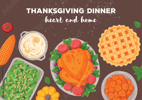 Thanksgiving day, family dinner. Hand drawn flat style. Top view vector illustration. Festive dinner with turkey and potato, apple pie, vegetables, fruits. Autumn food