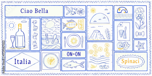 Whimsical italian collage featuring food wine nature and travel elements