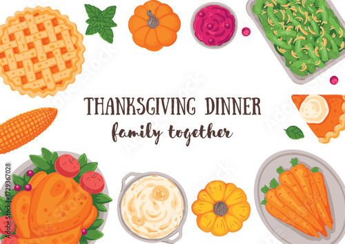 Thanksgiving day, family dinner. Hand drawn flat style. Top view vector illustration. Festive dinner with turkey and potato, apple pie, vegetables, fruits. Autumn food
