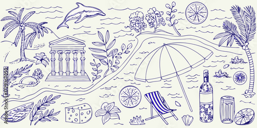 Whimsical hand drawn collage of beach vacation elements including ancient ruins and tropical flora