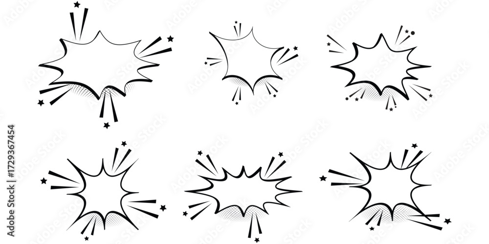 Fototapeta premium Collection of six comic book style speech bubbles with explosive effects isolated on white background