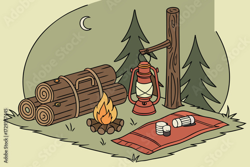  still life, wooden logs, campfire, outdoor equipment, lantern, thermos, marshmallows, red blanket, green background, minimalist, detailed, cinematic lighting, warm tones