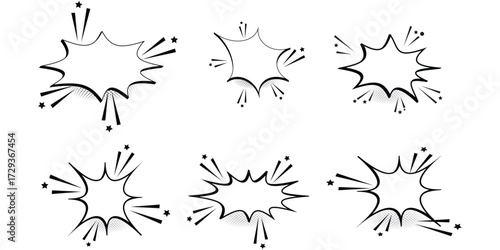 Collection of six comic book style speech bubbles with explosive effects isolated on white background