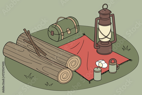  still life, wooden logs, campfire, outdoor equipment, lantern, thermos, marshmallows, red blanket, green background, minimalist, detailed, cinematic lighting, warm tones