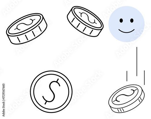 happy face and coins in motion illustrating monetary gain, positivity, and success. Ideal for finance, economy, savings, investments, happiness motivation and minimalism. A simple flat metaphor