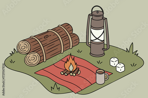  still life, wooden logs, campfire, outdoor equipment, lantern, thermos, marshmallows, red blanket, green background, minimalist, detailed, cinematic lighting, warm tones