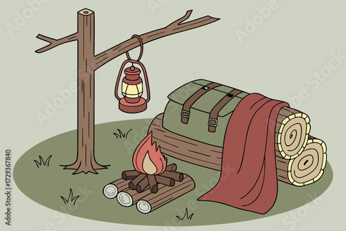  still life, wooden logs, campfire, outdoor equipment, lantern, thermos, marshmallows, red blanket, green background, minimalist, detailed, cinematic lighting, warm tones