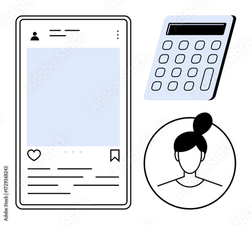 Social media interface, calculator, and female avatar. Ideal for communication, technology, productivity, user profile, social engagement education fintech. Simple flat metaphor
