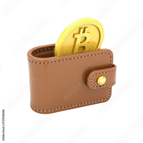 A brown leather wallet with a gold-colored coin containing a symbol is displayed prominently, its surface glossy and reflecting light. The coin is partly inserted into the wallet.
