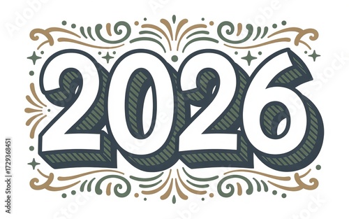 Hand-drawn 2026 numbers with decorative flourishes celebrating the upcoming year's festive anticipation