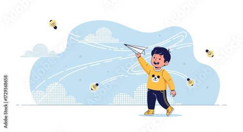 Young boy happily launching paper airplane ready for adventure and having fun
