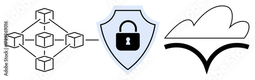 Blockchain nodes interconnected, shield with a lock symbolizing security, and cloud sync icon. Ideal for technology, digital security, data storage, cloud computing, encryption, network safety