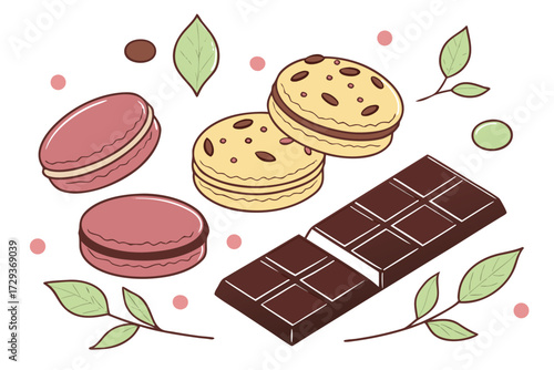 a colorful and modern still life of various desserts and confections, including macarons, cookies, chocolate bars, and other sweet treats, arranged in a visually appealing pattern against a plain w