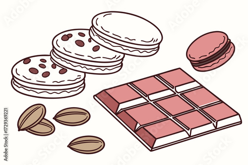  a colorful and modern still life of various desserts and confections, including macarons, cookies, chocolate bars, and other sweet treats, arranged in a visually appealing pattern against a plain w