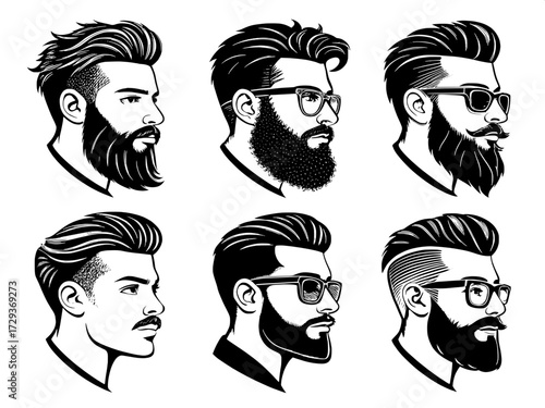Six male head icons, flat symmetrical drawings emphasizing strong hairstyle silhouettes, glasses, and sharp beard designs.