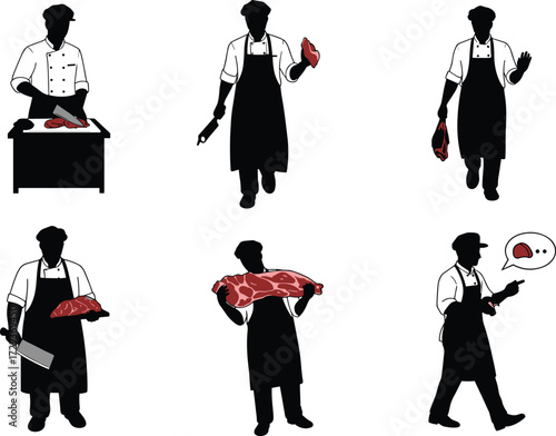 Set of various poses of a professional butcher or chef, cutting and holding meat, ideal for food industry and restaurant-related themes