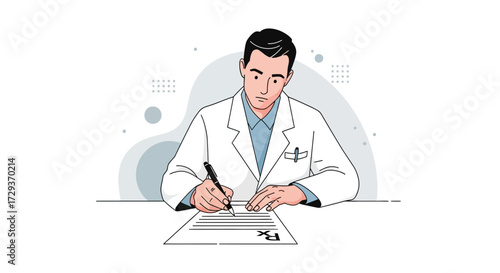 Physician Diligently Writing Prescription, Healthcare Professional, Vector Illustration Aesthetic