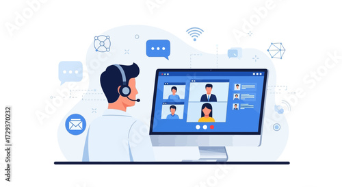 Virtual Meeting Illustration: Online Conferencing And Technical Support Representation