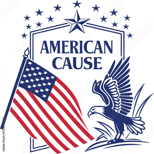 Looking at the image, I can see a graphic design with the text "THE AMERICAN cause". The word "AMERICAN" is in large, bold, black letters, while "cause" is written in a cursive script below it.