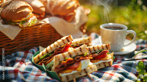 A realistic picnic scene on a checkered blanket