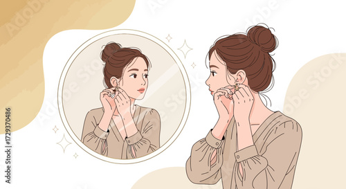 Woman Adorning Earrings While Gazing At Mirror Demonstrates Self-Care and Fashion.