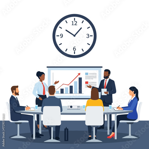 Business meeting with presentation and clock above.