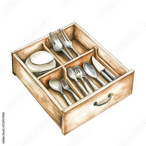 Wooden Utensil Drawer, watercolor vector, isolated on a white background.