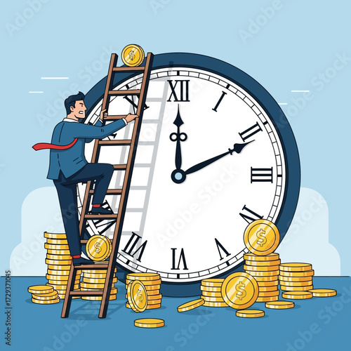 A businessman climbs a ladder towards coins on a clock, symbolizing time and money.