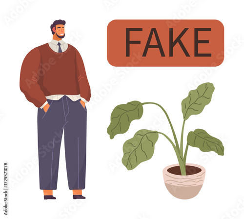 Man in casual attire standing next to dying potted plant and bold FAKE label. Ideal for themes thumbs up skepticism, artificiality, perception, authenticity, irony, introspection, contrast. Simple