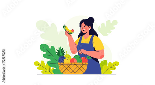 Woman Displays Fresh Fruits From Basket, Celebrating Healthy Food Choices and Vibrant Produce