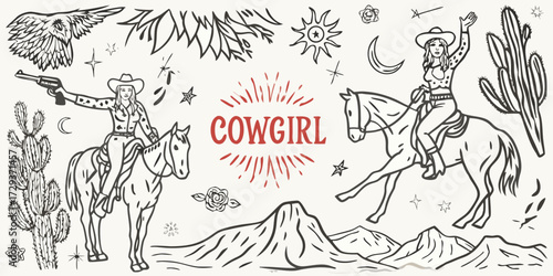 Hand drawn illustration of two cowgirls on horseback in a desert landscape with a cowboy hat and cactus