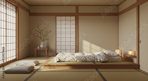 Serene japanese bedroom with tatami mats shoji screens and natural light illuminating a comfortable futon bed