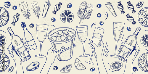 Hand drawn celebration pattern with champagne bottles glasses ice bucket fruits and candies