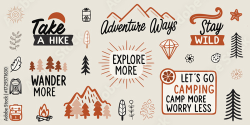 Collection of hand drawn outdoor adventure phrases and nature illustrations with a rustic color palette