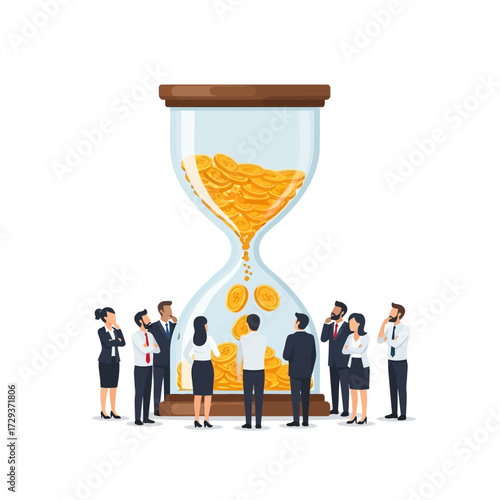 Business people observing an hourglass filled with gold coins, symbolizing time and money.