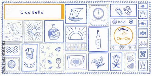 Collection of italian themed illustrations in a mosaic style with ciao bella text
