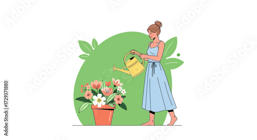 Woman Nurturing Flowers: A Serene Depiction Of Gardening And Botanical Care