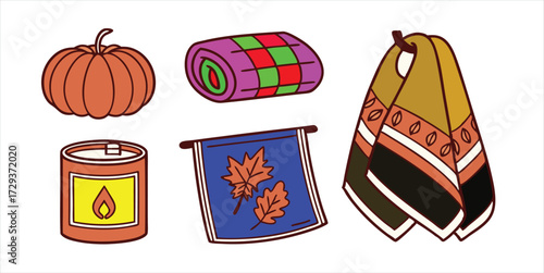 Cozy Autumn Home Decor Vector Icon Set with Pumpkin Blanket Candle and Fall Leaves for Hygge Lifestyle
