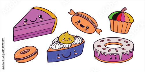 Cute Kawaii Dessert and Sweets Vector Character Set with Cake Donut and Macaron for Bakery and Party Design
