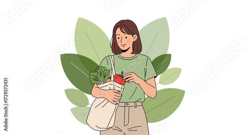 Woman Purchases Fresh Produce, Exemplifying Healthy Lifestyle and Promoting Sustainability