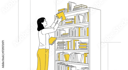 Woman Reaching For Books On The Shelf In Modern Minimalist Style Design Illustration