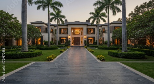 Grand luxury mansion with palm trees and manicured gardens at dusk twilight evening
