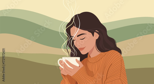 Woman Relaxes With Tea, A Cozy Moment Amidst A Colorfully Layered Backdrop Illustration