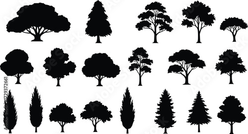 Tree silhouettes cad drawing flat vector illustration, assorted black tree icons in different shapes and sizes, front view forest layout setTree silhouettes cad  