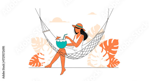 Woman Relaxing in Hammock with Cocktail Depicts Leisure and Summer Vacation Scene