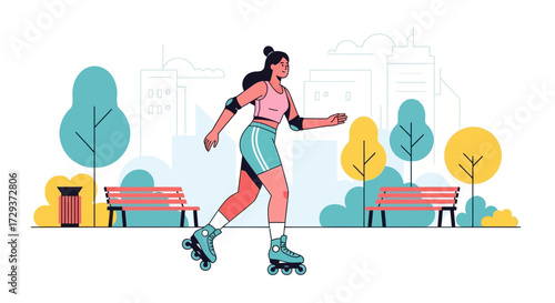 Woman Rollerblading Energetically in a Park, Showing Fitness and Recreational Activity